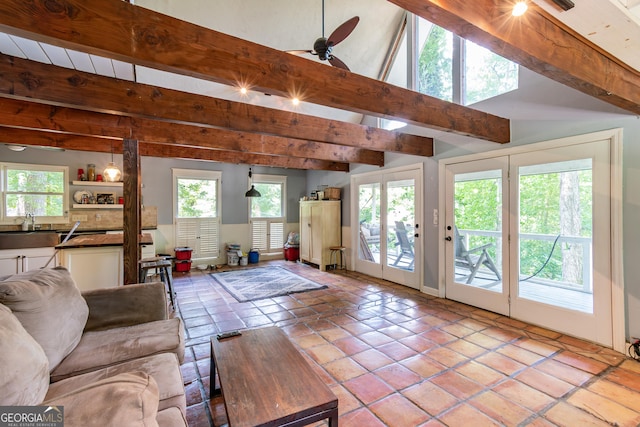 9240 Lisa Cir, Gainesville, GA 30506 - tiled living area featuring beam ceiling and a ceiling fan