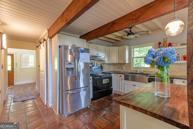 9240 Lisa Cir, Gainesville, GA 30506 - kitchen with stainless steel refrigerator with ice dispenser, black electric range oven, wood counters, under cabinet range hood, and tasteful backsplash