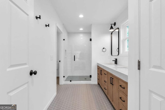 2180 Pine Lake Rd, Hiawassee, GA 30546 - bathroom featuring tile patterned floors, a sink, a stall shower, baseboards, and recessed lighting