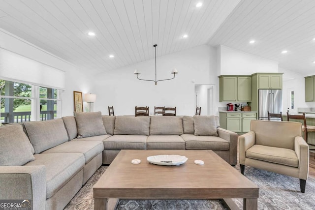 2180 Pine Lake Rd, Hiawassee, GA 30546 - living room featuring recessed lighting, high vaulted ceiling, and wooden ceiling