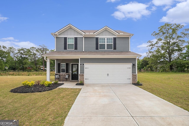 231 Limestone Cir, Conyers, GA 30013 - view of front of home featuring a front lawn, a porch, concrete driveway, an attached garage, and board and batten siding