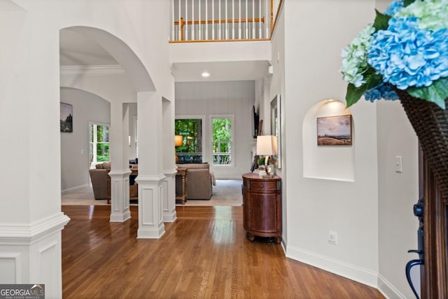 foyer featuring baseboards, a wealth of natural light, and wood finished floors