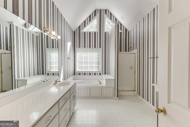 full bathroom featuring wallpapered walls, lofted ceiling, a bath, a shower with door, and vanity