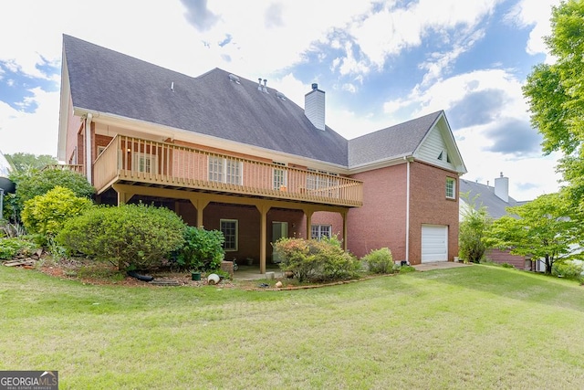 back of property featuring a garage, a lawn, and a chimney
