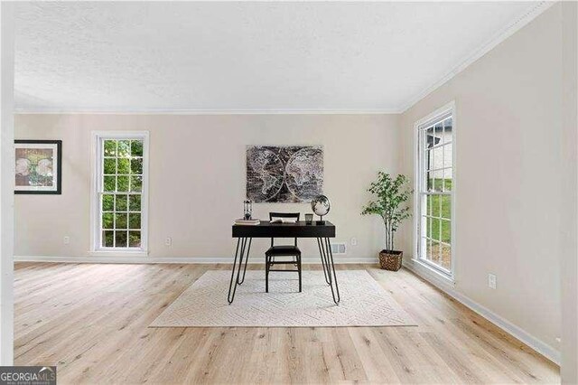 office area featuring baseboards, crown molding, a textured ceiling, and light wood-style flooring