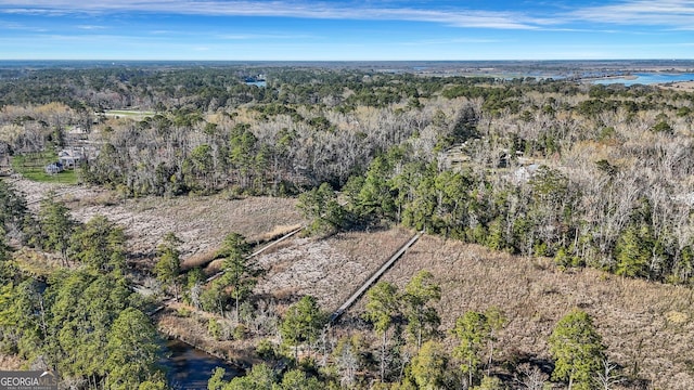 bird's eye view featuring a wooded view