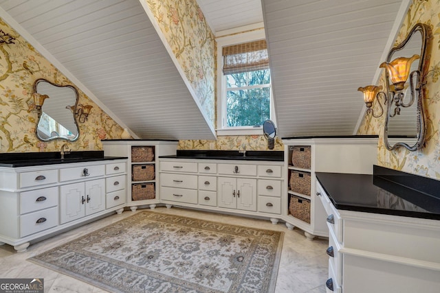interior space with wallpapered walls and wooden ceiling