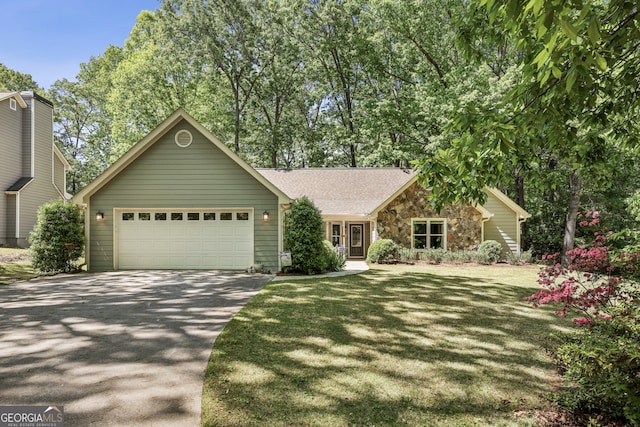 1390 Barclay Dr, Lawrenceville, GA 30043 - view of front of property with a shingled roof, a front lawn, an attached garage, driveway, and stone siding