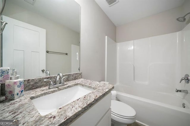 full bathroom with toilet, shower / bath combination, and vanity