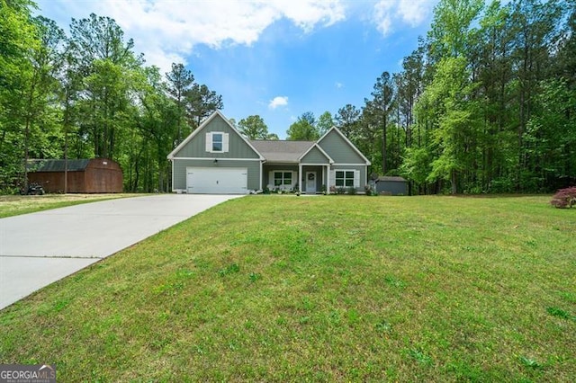 craftsman house featuring board and batten siding, concrete driveway, a garage, and a front lawn