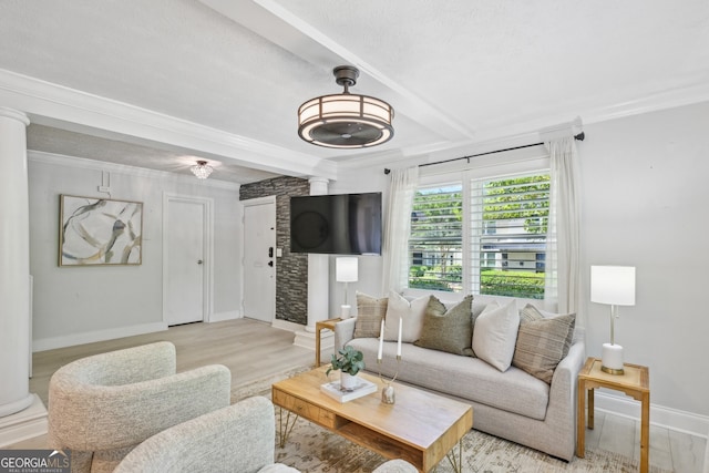 285 Lakemoore Dr NE Unit A, Atlanta, GA 30342 - living room with beamed ceiling, baseboards, ornamental molding, and decorative columns