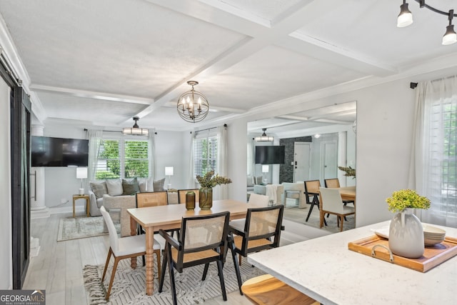 285 Lakemoore Dr NE Unit A, Atlanta, GA 30342 - dining space featuring coffered ceiling, light wood-style flooring, baseboards, a notable chandelier, and beam ceiling