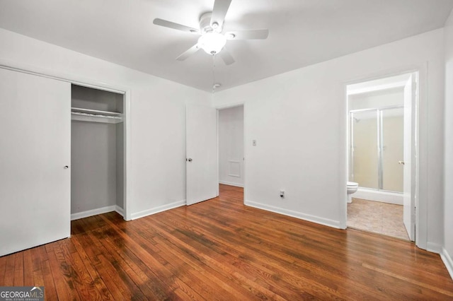 3050 Rebecca Dr SW, Atlanta, GA 30311 - unfurnished bedroom with hardwood / wood-style floors, a closet, connected bathroom, and a ceiling fan