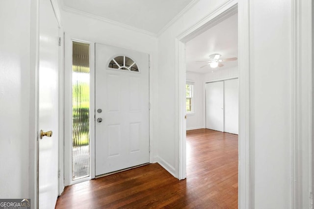 3050 Rebecca Dr SW, Atlanta, GA 30311 - entryway featuring dark wood-style floors, ceiling fan, and ornamental molding