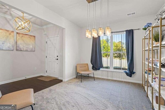 312 Wichita Way, Mcdonough, GA 30253 - sitting room featuring baseboards, visible vents, an inviting chandelier, and carpet flooring