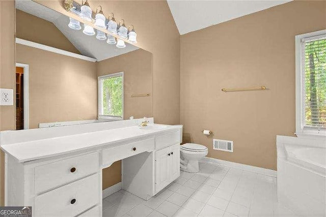 full bathroom featuring vaulted ceiling, vanity, baseboards, toilet, and visible vents