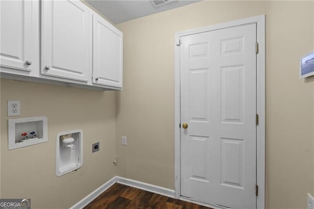 laundry area with cabinet space, washer hookup, baseboards, hookup for an electric dryer, and dark wood-style floors