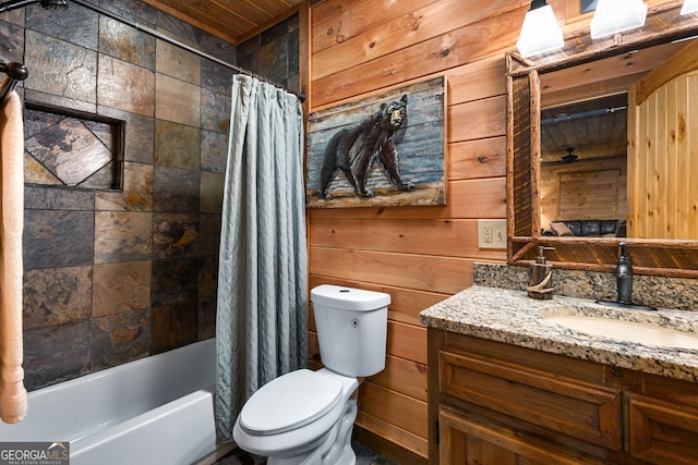 full bath featuring wooden walls, shower / tub combo, toilet, and vanity