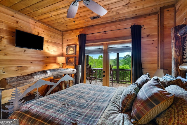 bedroom featuring visible vents, wood walls, wooden ceiling, and access to outside