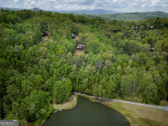 drone / aerial view with a view of trees and a water and mountain view