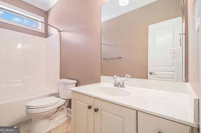 bathroom featuring ornamental molding, toilet, vanity, tub / shower combination, and baseboards