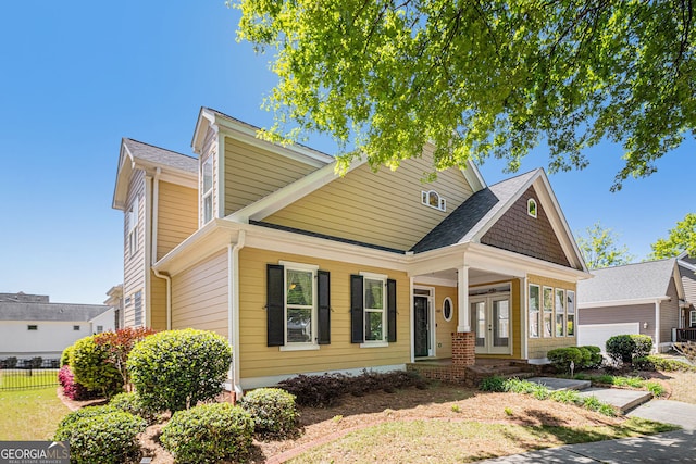 view of front facade with french doors, a porch, and fence