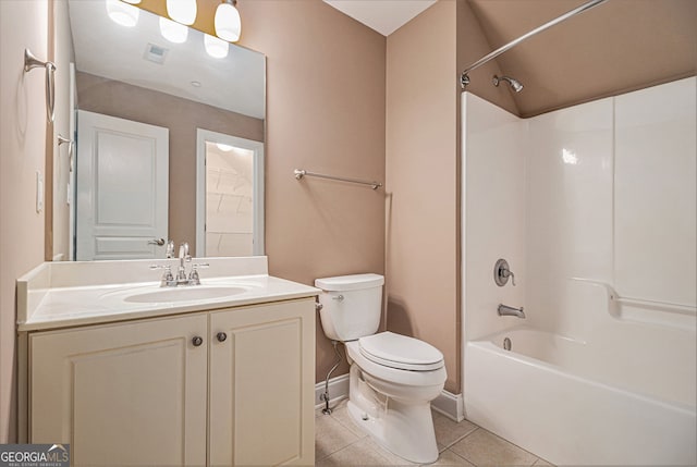 full bath featuring toilet, tile patterned floors, vanity, bathtub / shower combination, and baseboards