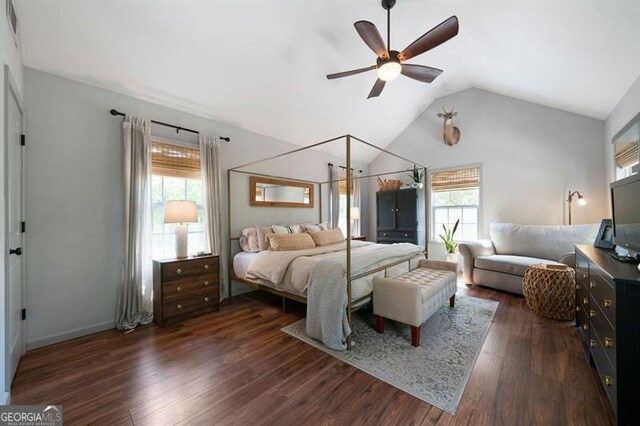 15 Swallow Dr, White, GA 30184 - bedroom with vaulted ceiling, dark wood-style flooring, ceiling fan, and baseboards