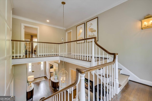 5 Prather Woods Ln, Augusta, GA 30909 - stairs with wood finished floors, recessed lighting, a chandelier, and crown molding