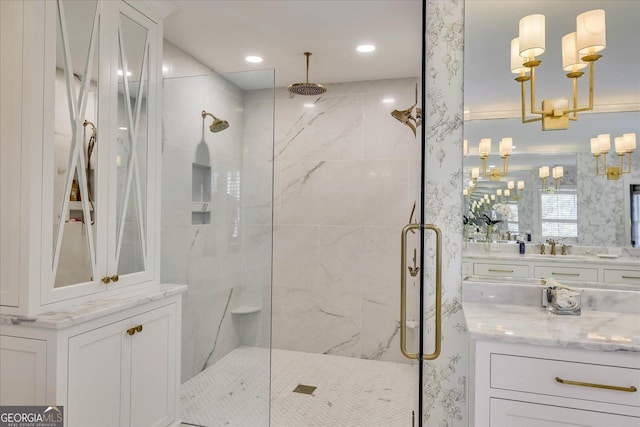 5 Prather Woods Ln, Augusta, GA 30909 - bathroom featuring a notable chandelier, a marble finish shower, recessed lighting, and vanity