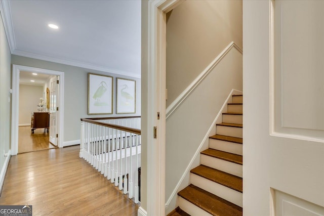 5 Prather Woods Ln, Augusta, GA 30909 - staircase with baseboards, ornamental molding, wood finished floors, and recessed lighting