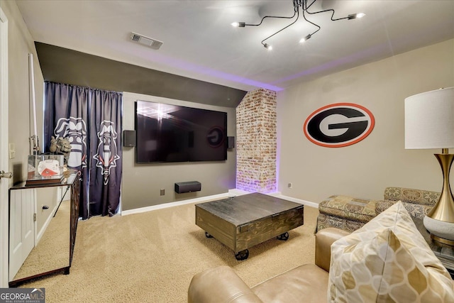 5 Prather Woods Ln, Augusta, GA 30909 - carpeted living room featuring baseboards, a chandelier, vaulted ceiling, and visible vents