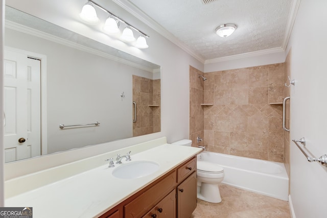 full bathroom featuring a textured ceiling, vanity, washtub / shower combination, toilet, and tile patterned flooring