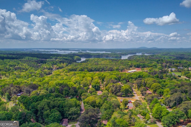 bird's eye view featuring a view of trees and a water view