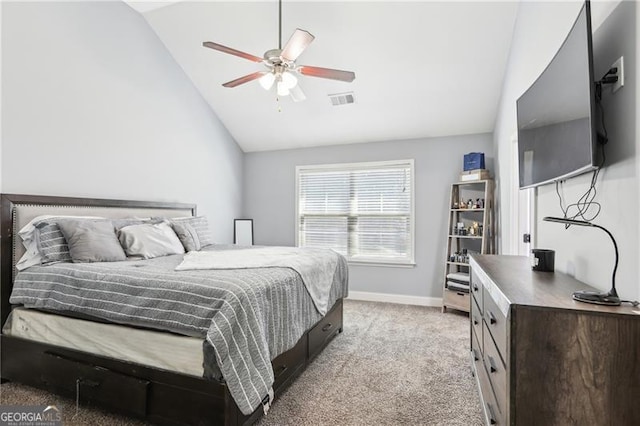 bedroom featuring visible vents, lofted ceiling, light carpet, baseboards, and ceiling fan