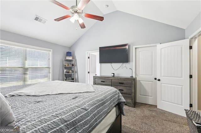 bedroom with high vaulted ceiling, carpet, a ceiling fan, and visible vents