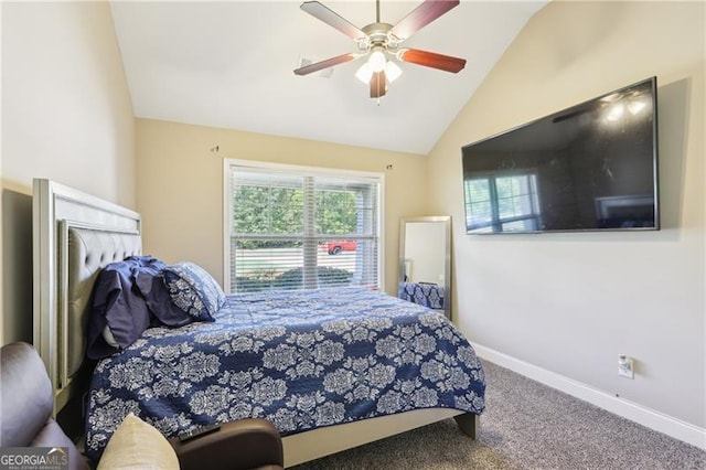 carpeted bedroom featuring a ceiling fan, baseboards, and vaulted ceiling