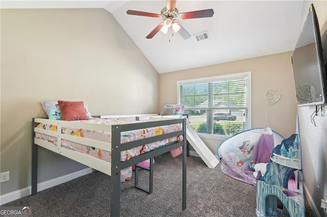 bedroom with visible vents, carpet flooring, baseboards, and vaulted ceiling