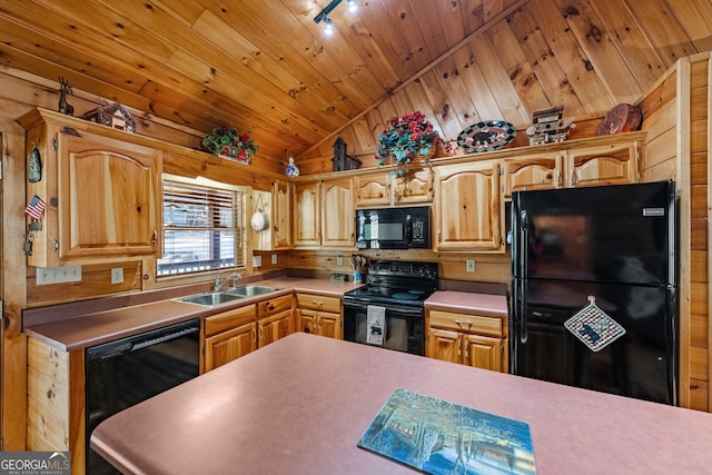 30 The Forest Rd, Blue Ridge, GA 30513 - kitchen featuring a sink, vaulted ceiling, wood walls, wood ceiling, and black appliances