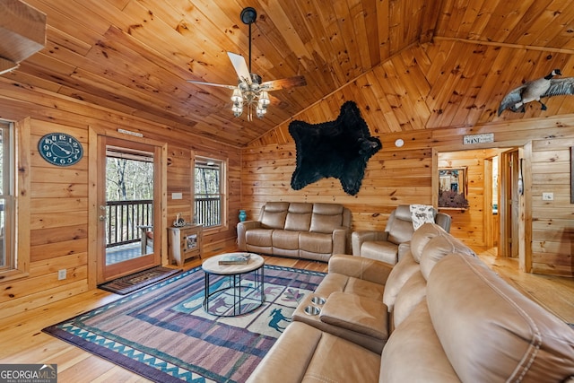 30 The Forest Rd, Blue Ridge, GA 30513 - living room featuring lofted ceiling, wood walls, wood ceiling, and a ceiling fan