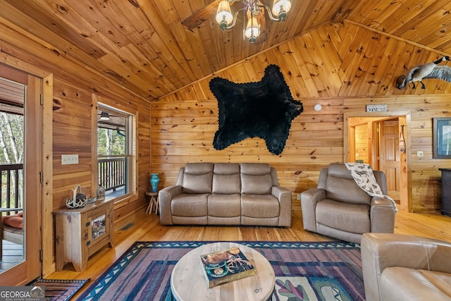 30 The Forest Rd, Blue Ridge, GA 30513 - living room with wood-type flooring, vaulted ceiling, an inviting chandelier, and wooden ceiling
