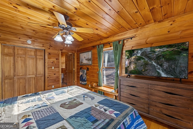 30 The Forest Rd, Blue Ridge, GA 30513 - bedroom featuring wooden ceiling, ceiling fan, wood finished floors, and wooden walls