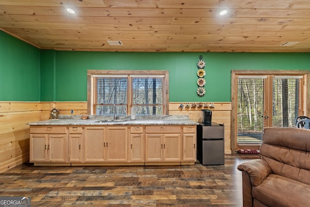 30 The Forest Rd, Blue Ridge, GA 30513 - kitchen with a sink, wood ceiling, a wainscoted wall, dark wood-style floors, and freestanding refrigerator