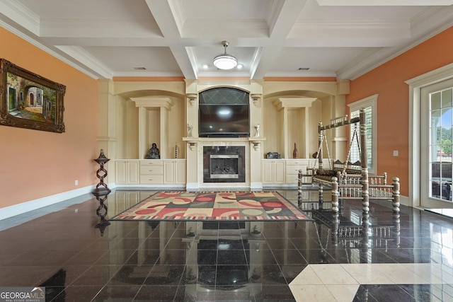 living room with ornamental molding, granite finish floor, beamed ceiling, and decorative columns