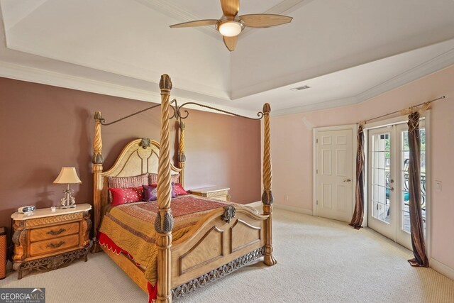 carpeted bedroom featuring ceiling fan, access to exterior, visible vents, baseboards, and ornamental molding