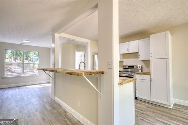 479 Lakeview Dr, Dahlonega, GA 30533 - kitchen featuring stainless steel range with electric cooktop, baseboards, a textured ceiling, and light wood-type flooring
