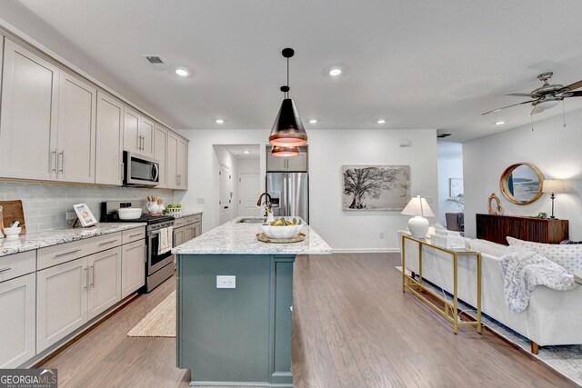 kitchen featuring stainless steel appliances, a sink, open floor plan, wood finished floors, and tasteful backsplash