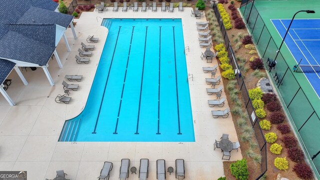 aerial view of a pool area