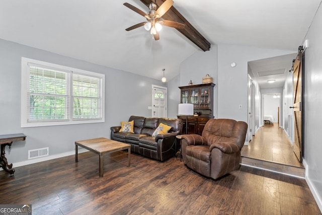 living room featuring lofted ceiling with beams, hardwood / wood-style floors, ceiling fan, baseboards, and visible vents