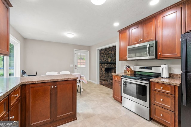 kitchen featuring a fireplace, a wealth of natural light, stainless steel appliances, and recessed lighting